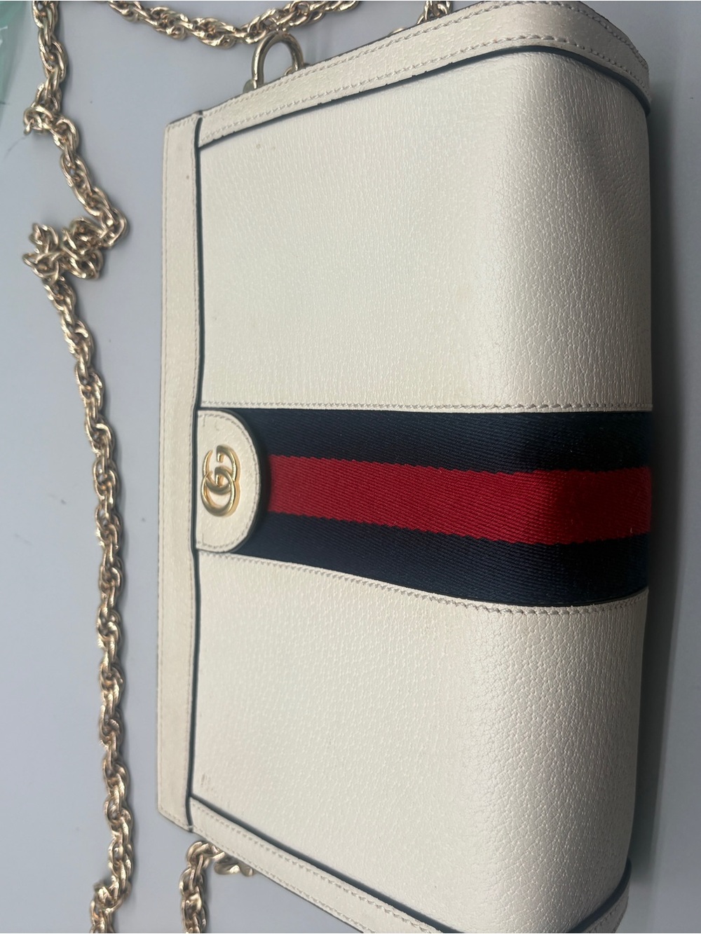 White Leather Crossbody Bag with Navy and Red Stripe